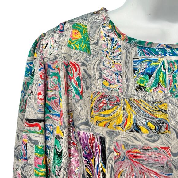 Vintage 80s Gray Rainbow Blue Pink Swirl Satin Scoop Neck Blouse size 10 / M - Picture 11 of 11